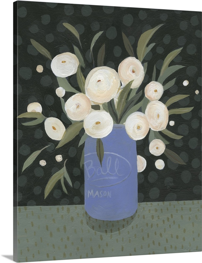 Contemporary painting of a blue mason jar full of white flowers on a green toned backdrop with spots.