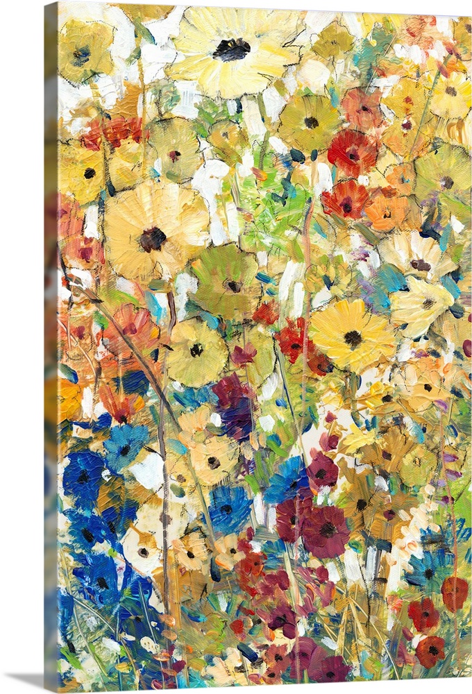 Contemporary artwork of a cheerful field of rainbow colored flowers in full bloom.