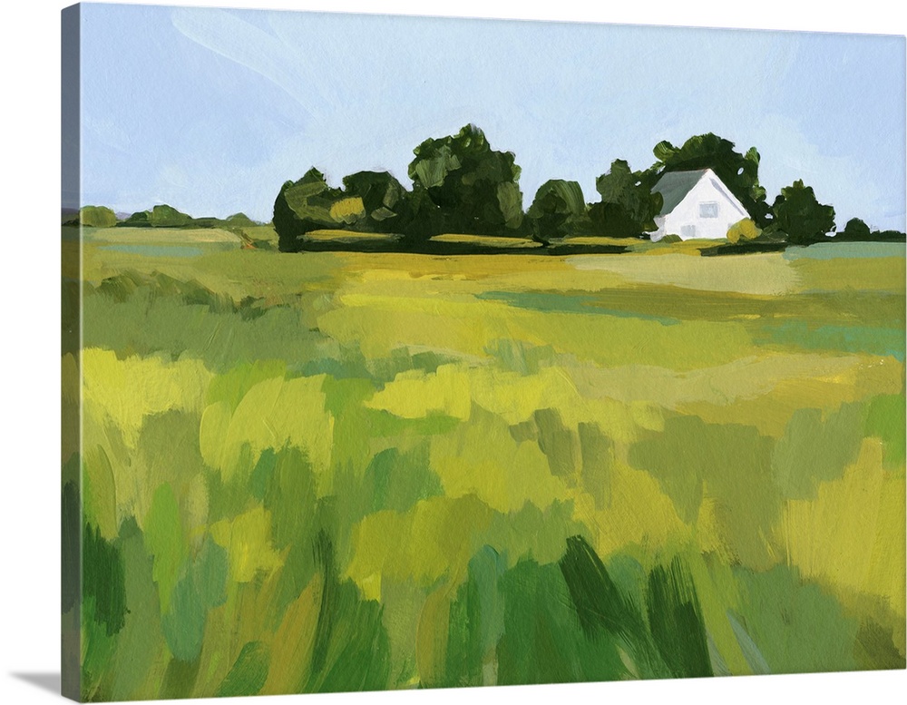A simple contemporary painting of a field of tall grasses with a white house in the distance. The brushstrokes are thick a...