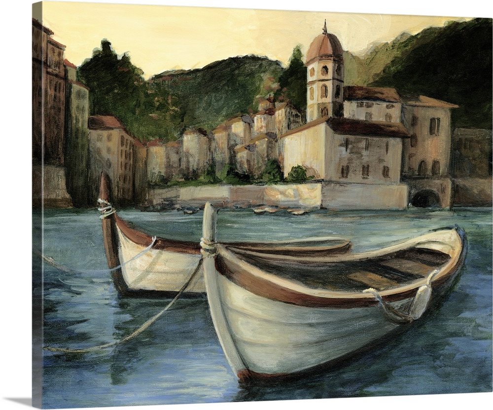 Contemporary painting of a coastal village with rowboats in the foreground.