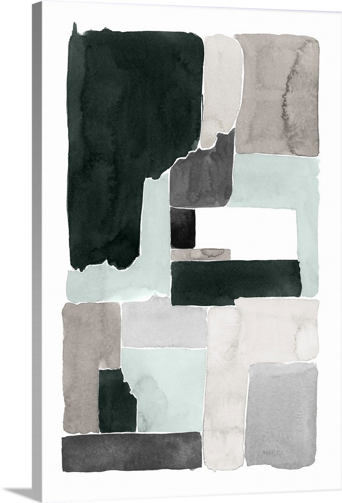 Contemporary abstract painting with blocks of grey and black on a white background.