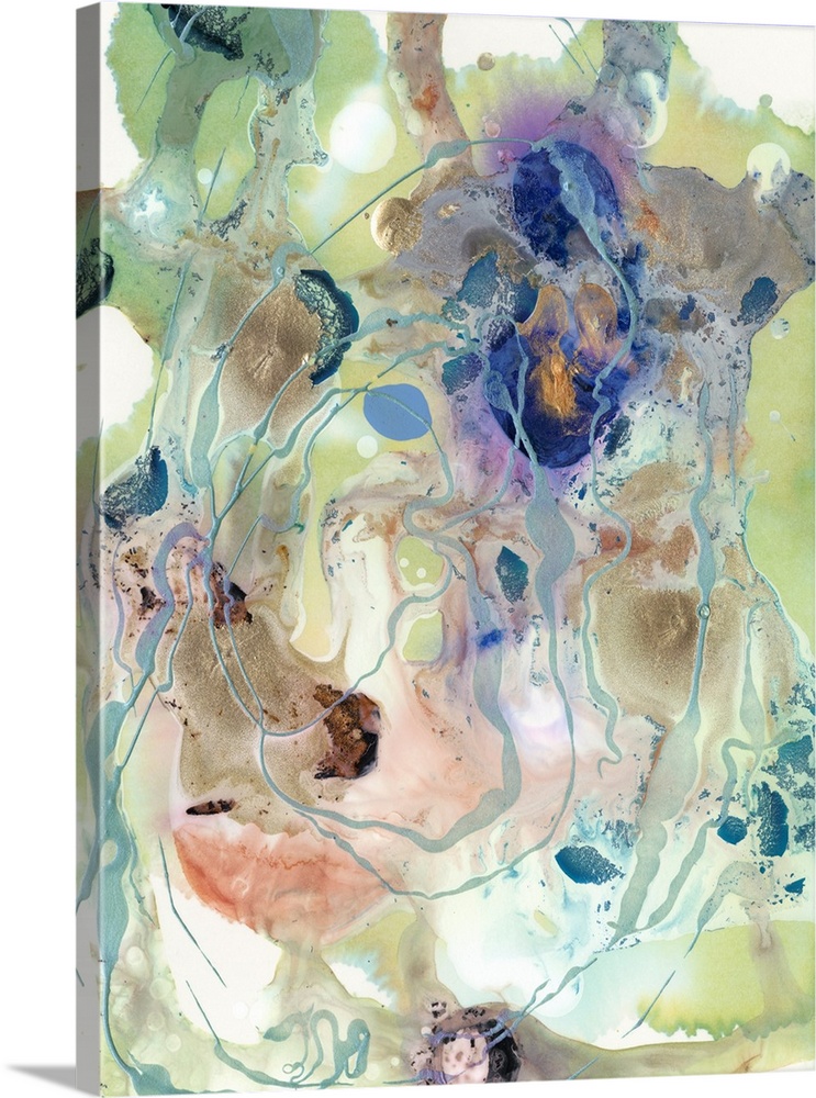 Vertical abstract artwork of varies colors in a messy swirls with fine drips of paint.