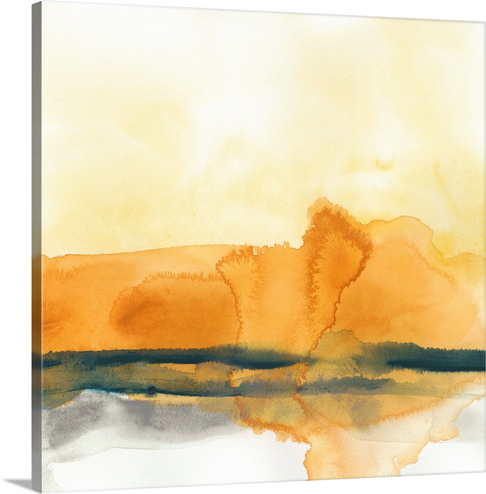 Abstract artwork in blended layers of orange, yellow, and grey.