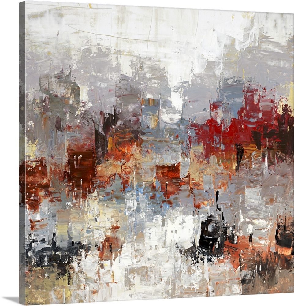Abstract artwork with an urban feel of buildings in a large city.
