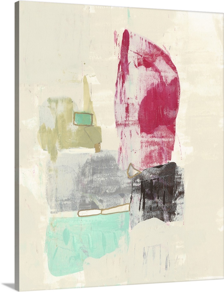Contemporary abstract painting in olive, bright raspberry, and teal on a neutral background.