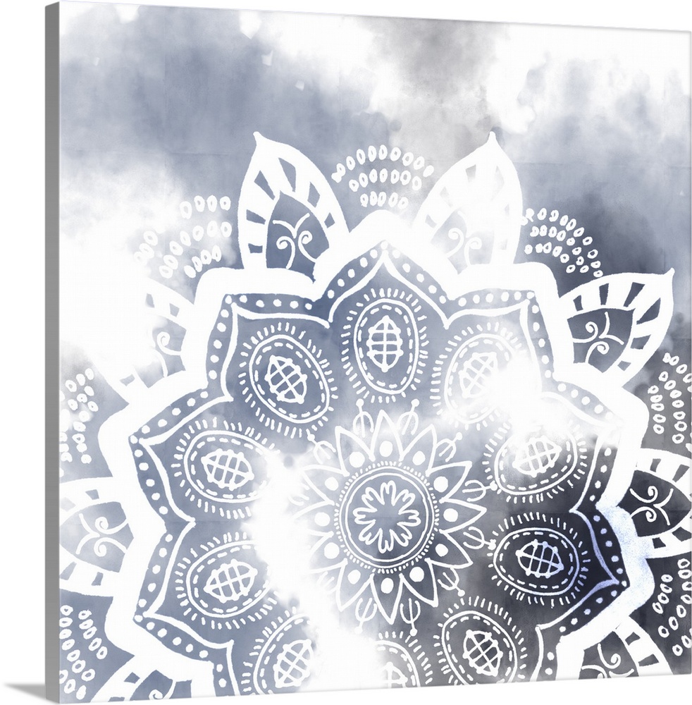 Decorative image of a mandala pattern in white over dark blue, fading into white.