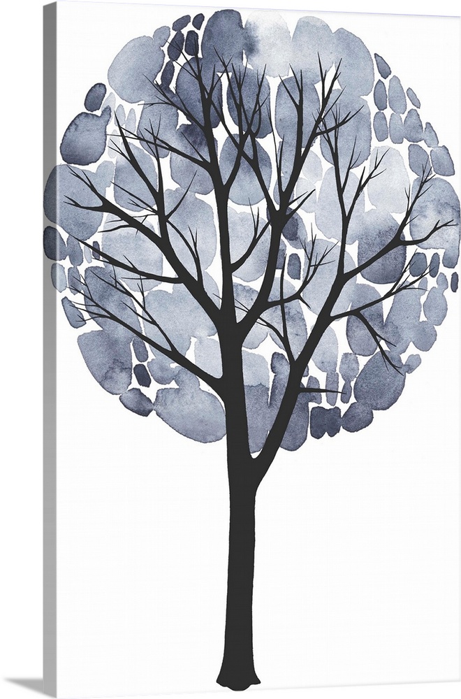 Painting of a tree with grey watercolor leaves.