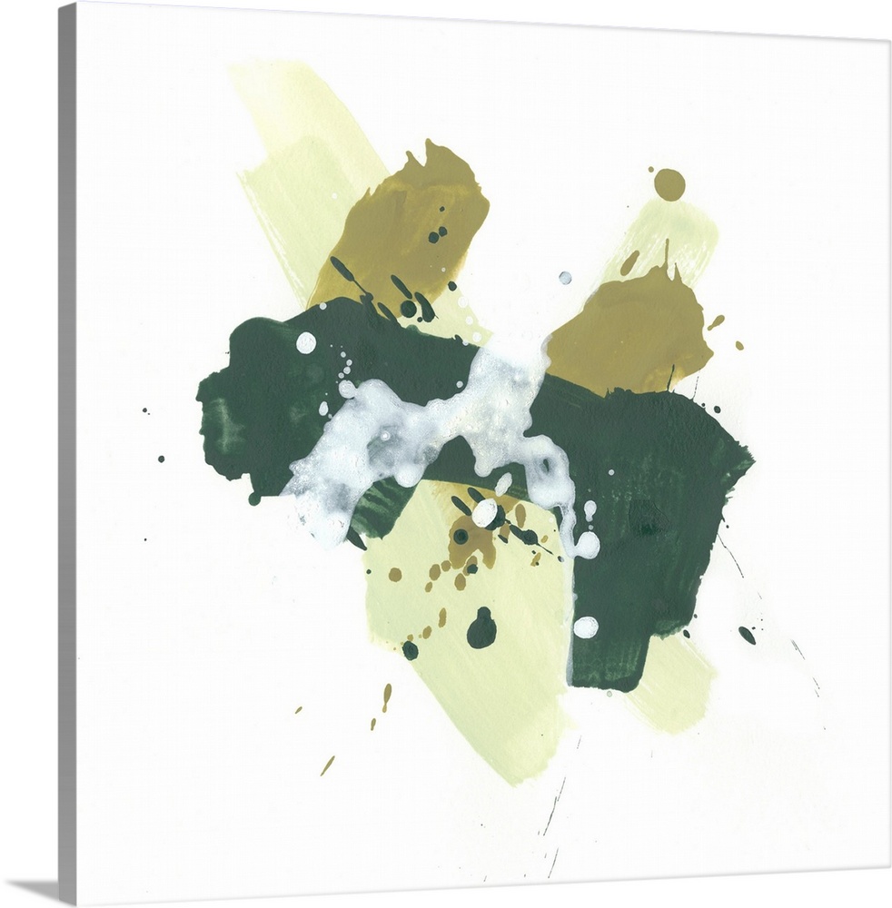 Contemporary abstract painting with paint splatters and wide brushstrokes in a range of greens from olive to forest.