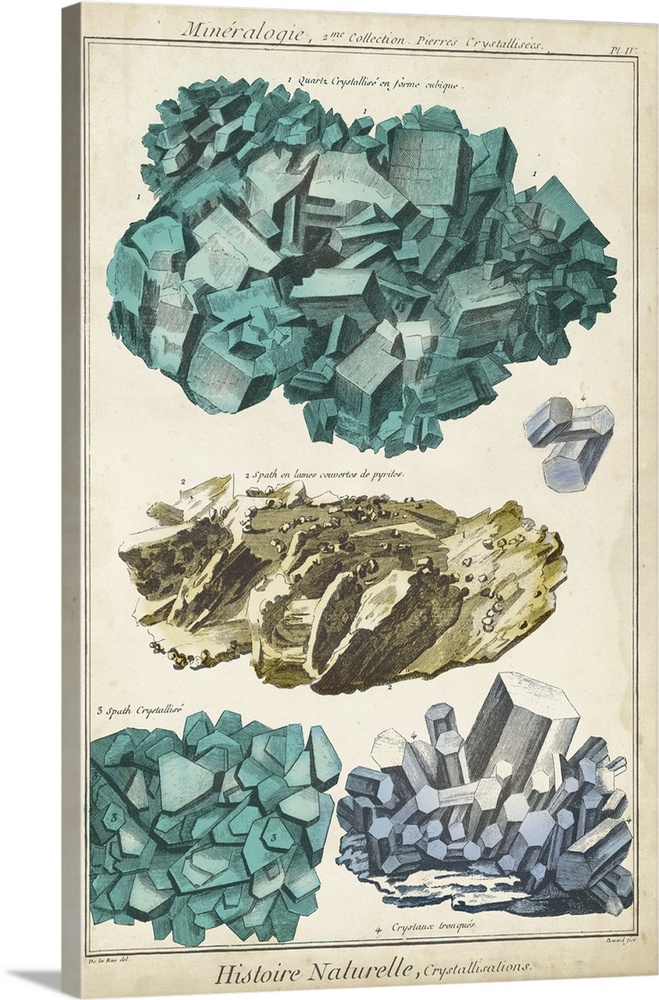 This decorative artwork features rock and crystalline illustrations over an aged background with French footnotes.