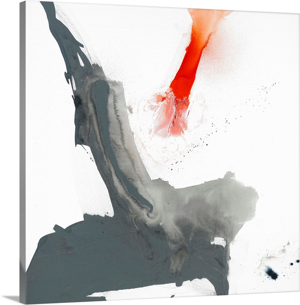 Abstract painting using aggressive strokes of gray with a hint of red against a white background.