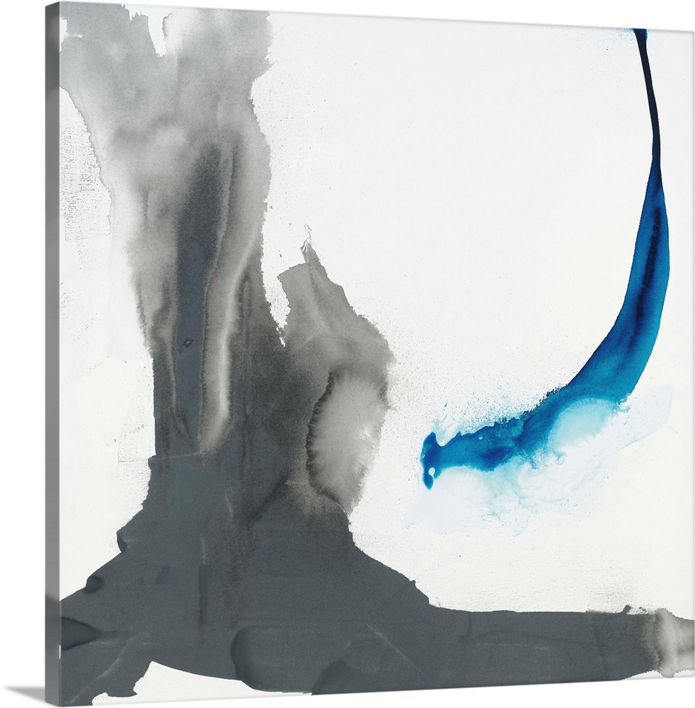 Abstract painting using aggressive strokes of gray with a hint of blue against a white background.