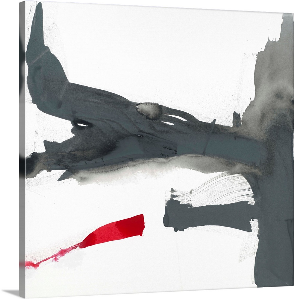 Abstract painting using aggressive strokes of gray with a hint of red against a white background.