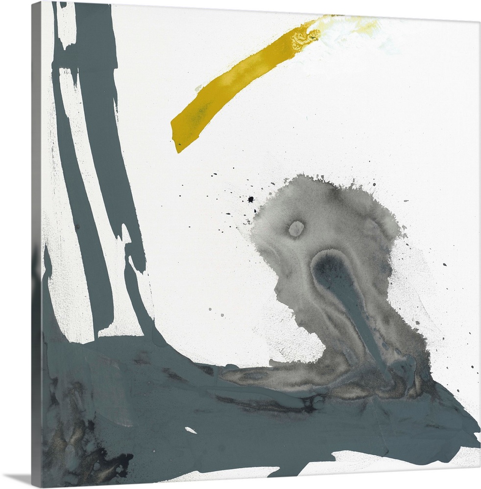 Abstract painting using aggressive strokes of gray with a hint of yellow against a white background.