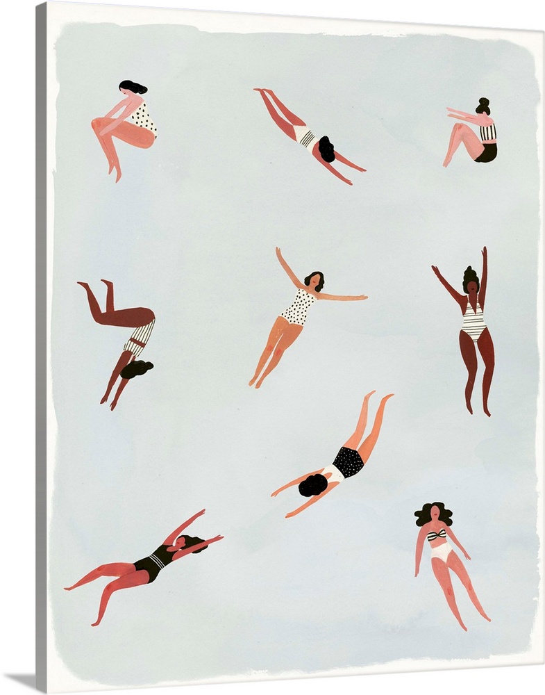 Contemporary figurative painting of various women in swim suits diving and swimming.