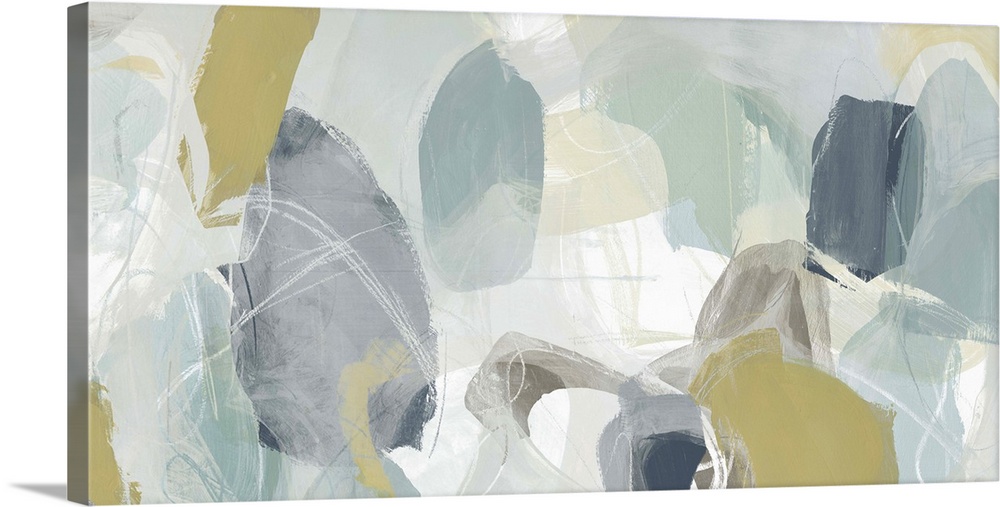 Contemporary abstract painting using muted blue, green and tan tones.