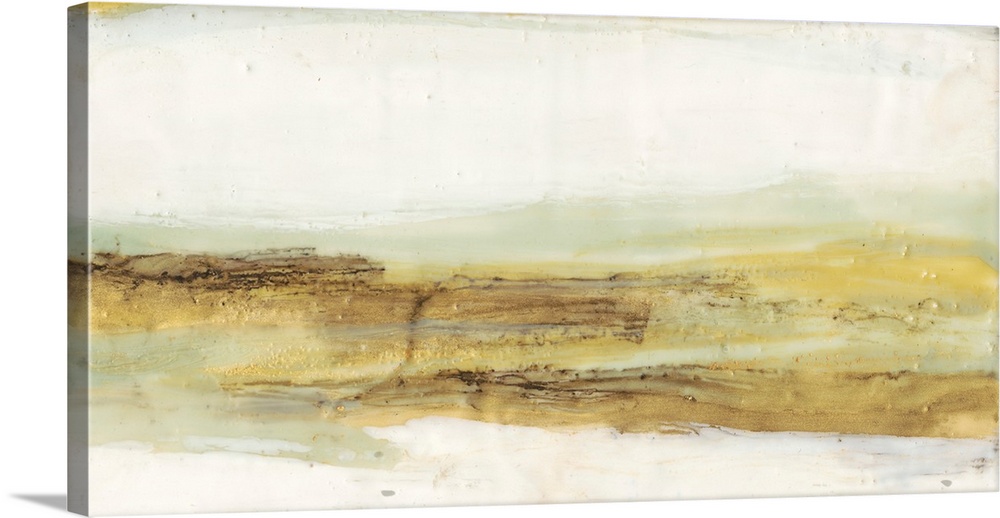 An abstract painting in warm gold and mint colors representing a horizon under a neutral sky