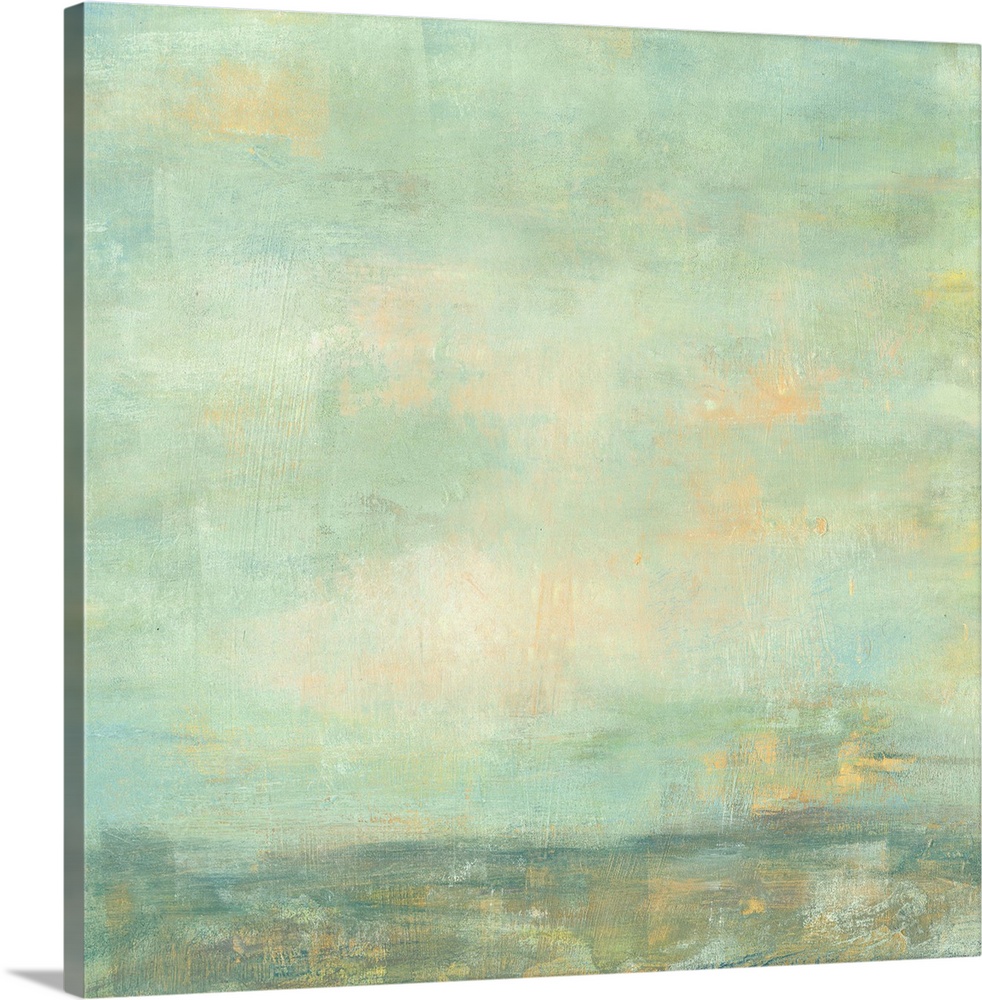 Contemporary abstract painting using green and blue tones to create what looks like an empty sky.