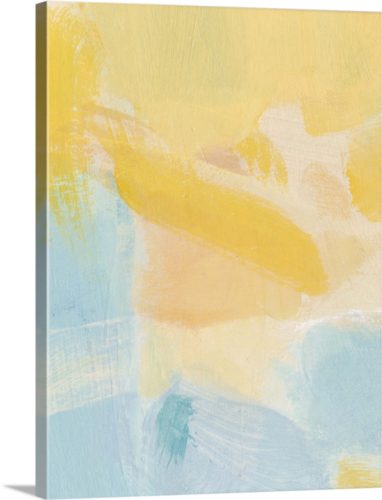 Contemporary abstract art using soft pale yellows and blues mixing together to create depth.