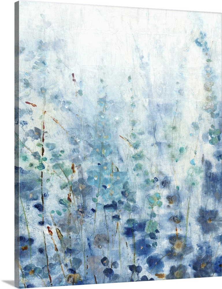Contemporary painting of a patch of wildflowers made in shades of blue with gold accents.