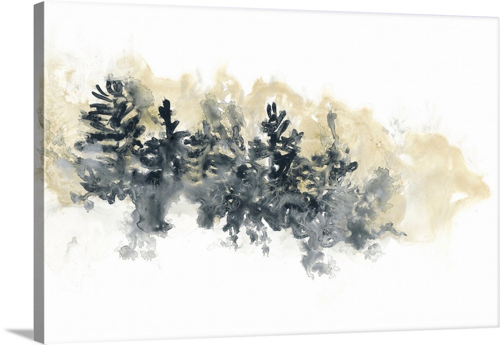 Watercolor artwork of trees on the side of a hill on white.