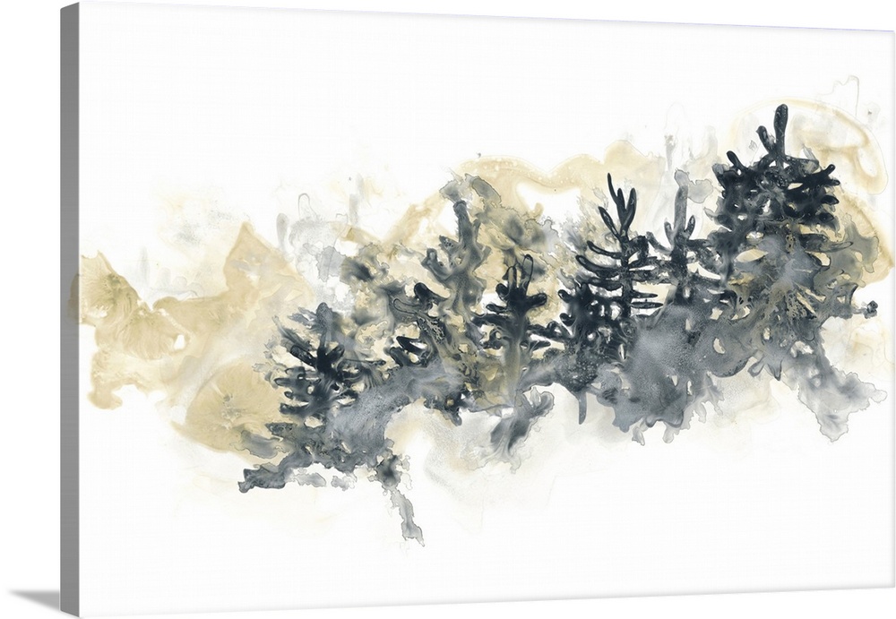 Watercolor artwork of trees on the side of a hill on white.