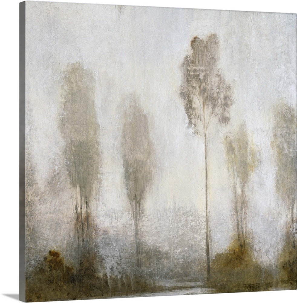 A contemporary painting of a fog shrouded group of tall thin trees.