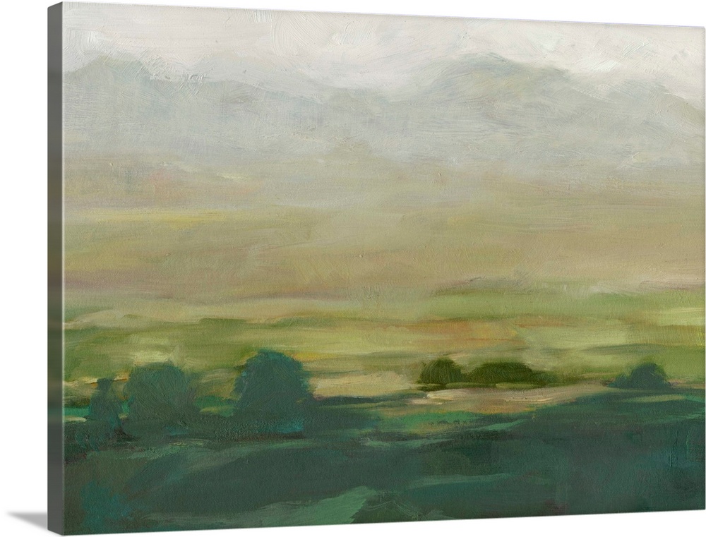 Contemporary landscape painting of a valley in the countryside.
