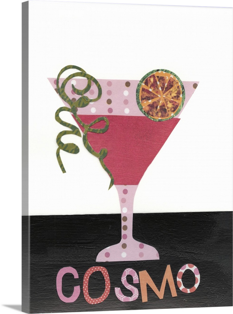 This decorative artwork has double meaning by featuring mixed drinks created with mixed media components. Cut pieces of pa...
