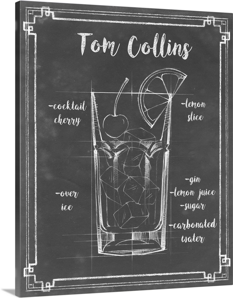 Blueprint style diagram and recipe of a Tom Collins cocktail.