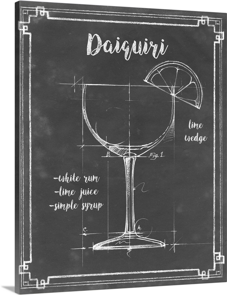 Blueprint style diagram and recipe of a Daiquiri cocktail.