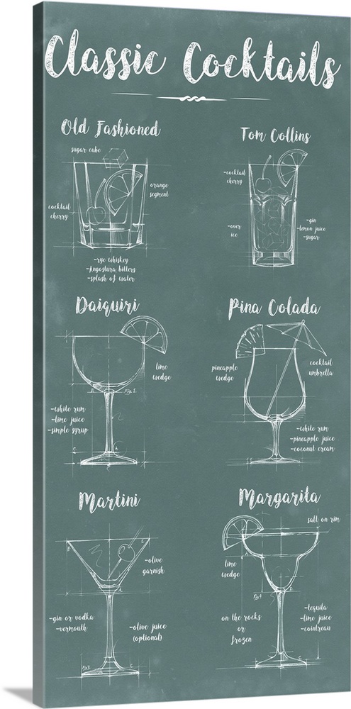 Green chalkboard decor with classic cocktail illustrations listing the ingredients and garnishes for each drink.