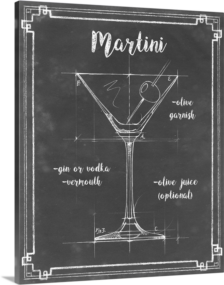 Blueprint style diagram and recipe of a Martini cocktail.