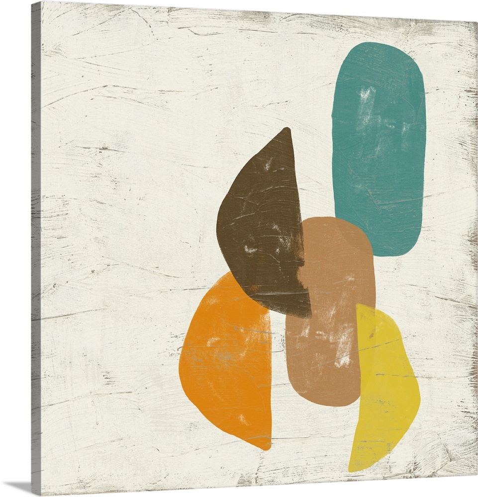 Contemporary abstract art print of roughly painted organic shapes in teal and brown.