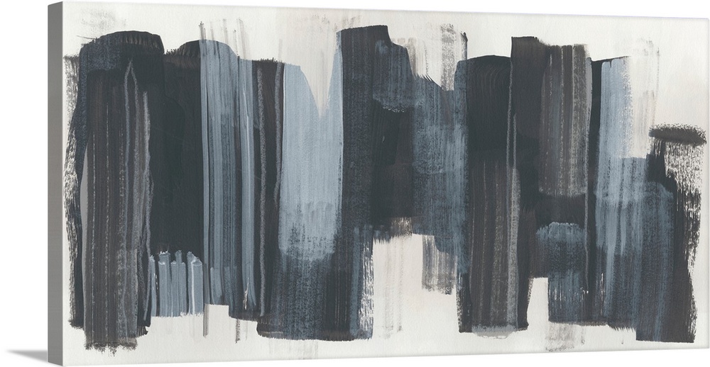 Horizontal abstract artwork in dark grey blocks on beige.