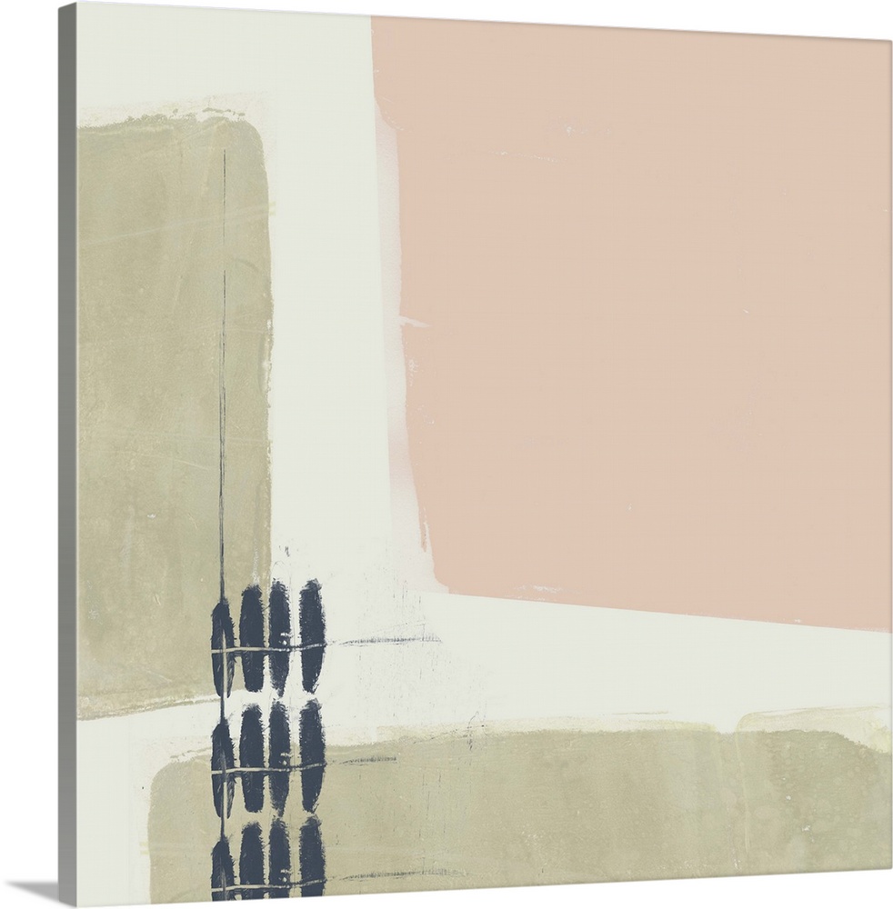 Modern abstract design of large square pastel shapes with short black line accents.