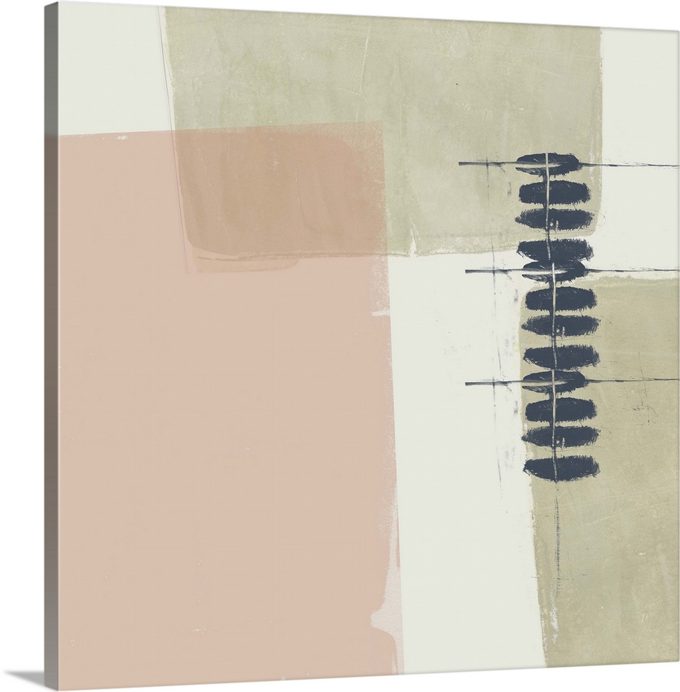 Modern abstract design of large square pastel shapes with short black line accents.