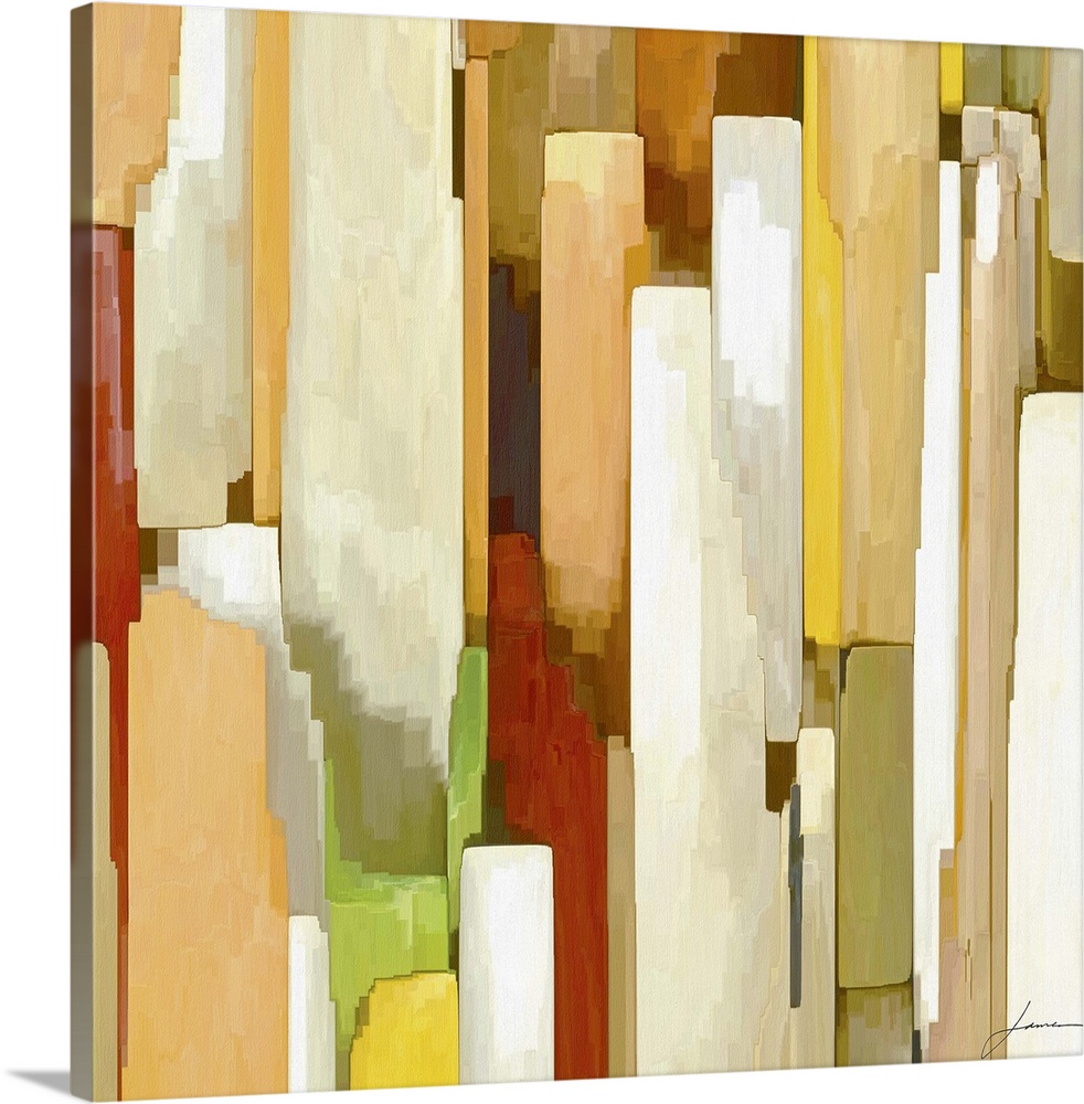 Contemporary painting of muted layers of geometric shapes.