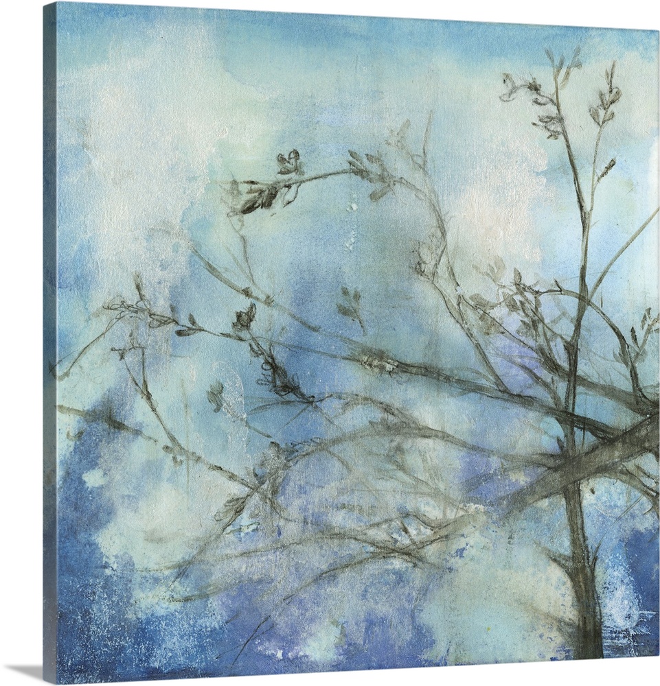 Contemporary watercolor painting of tree branches against a blue moonlit sky.