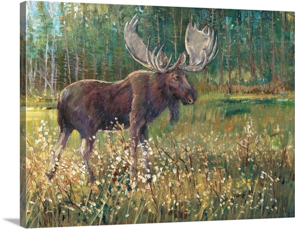Contemporary painting of a moose standing in a meadow near a forest.