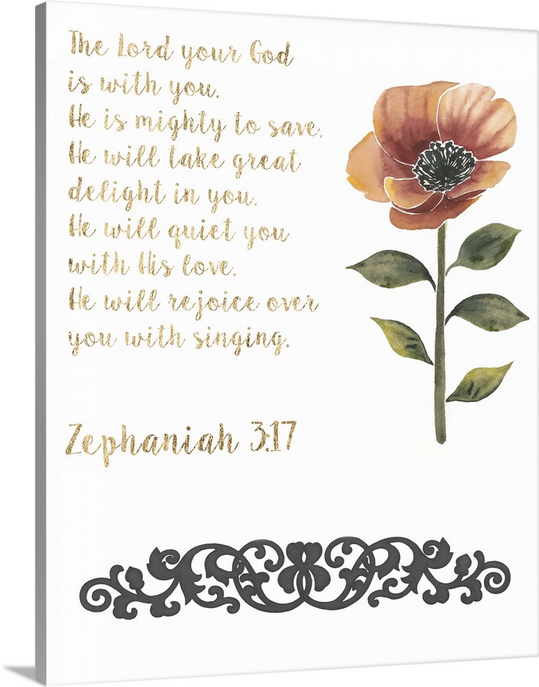 A handwritten Bible verse with a red poppy and a vintage flourish.