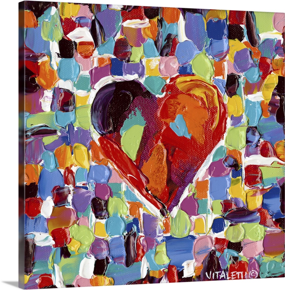 Artwork of a technicolor heart on tiled squares with heavy dabs of paint and vivid colors.