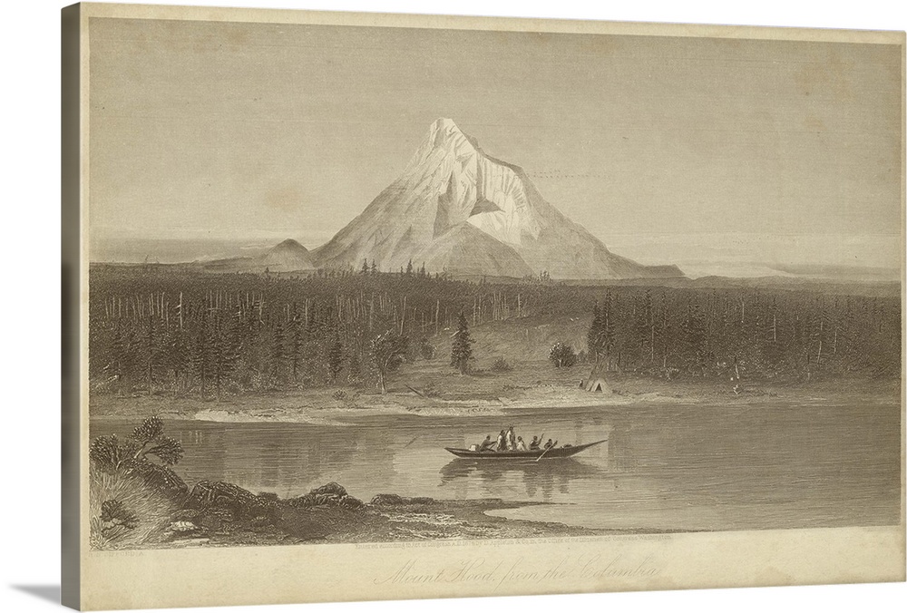 Vintage artwork of a boat on the river by a mountain in sepia.