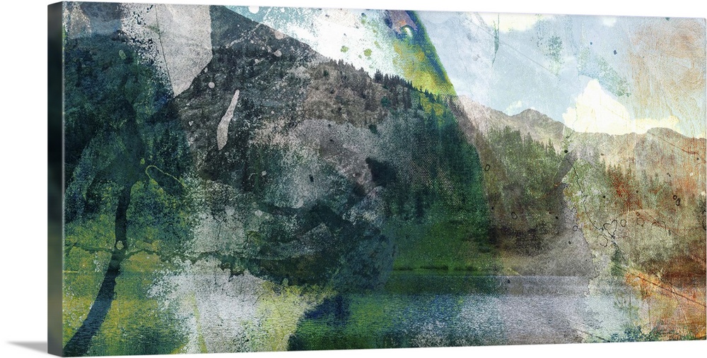 A contemporary collage style artwork of sights of mountains mixed with splashes of paint and distressed textures.