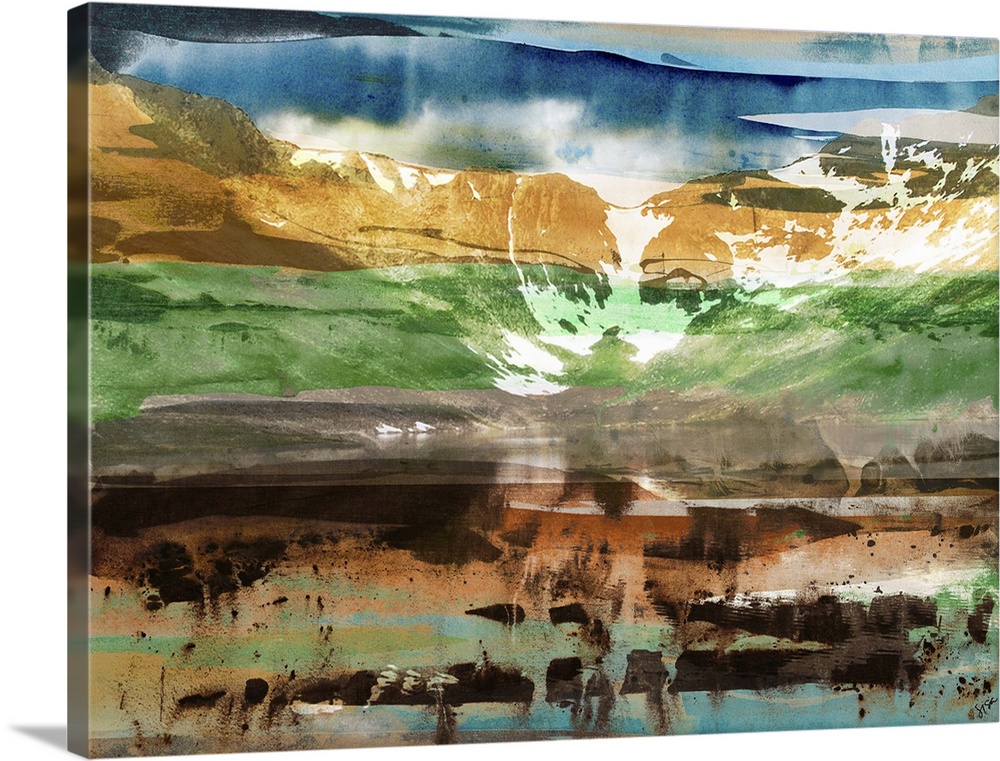 A contemporary collage style artwork of sights of mountains mixed with splashes of paint and distressed textures.