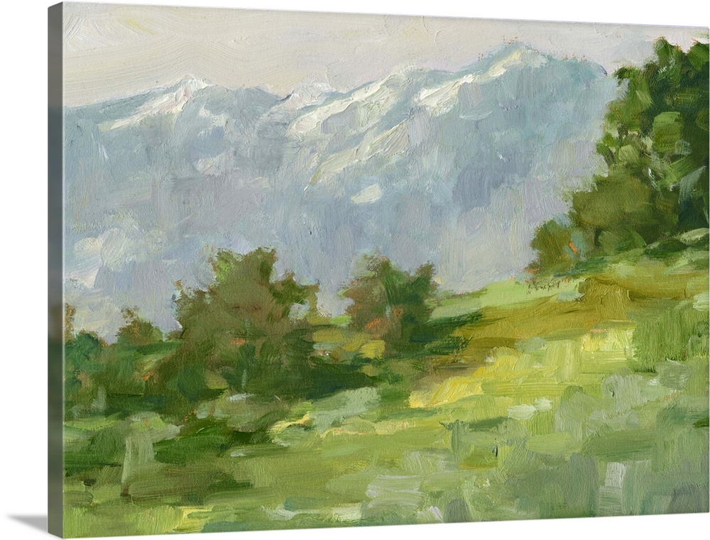 Contemporary landscape painting of a rural mountain meadow.