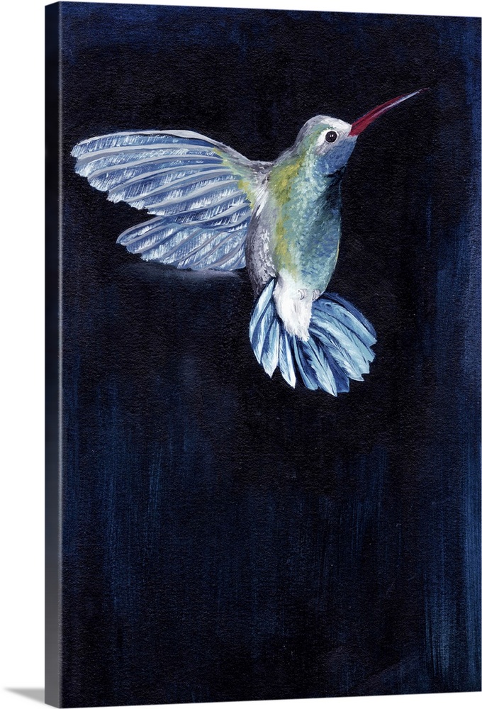 Painting of a hummingbird in flight against a dark background.