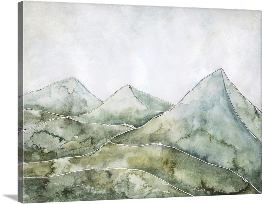 A contemporary stylized watercolor landscape featuring rolling hills in front of tall mountains in cool, calm tones