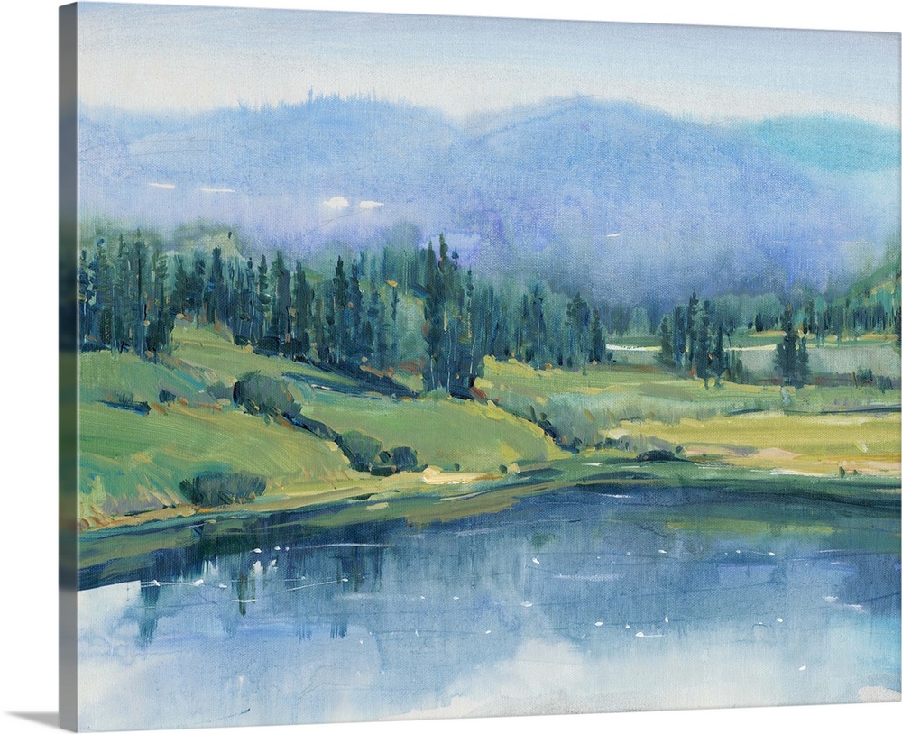 Large landscape painting with cool tones of a hilly wilderness landscape with a lake in the foreground.