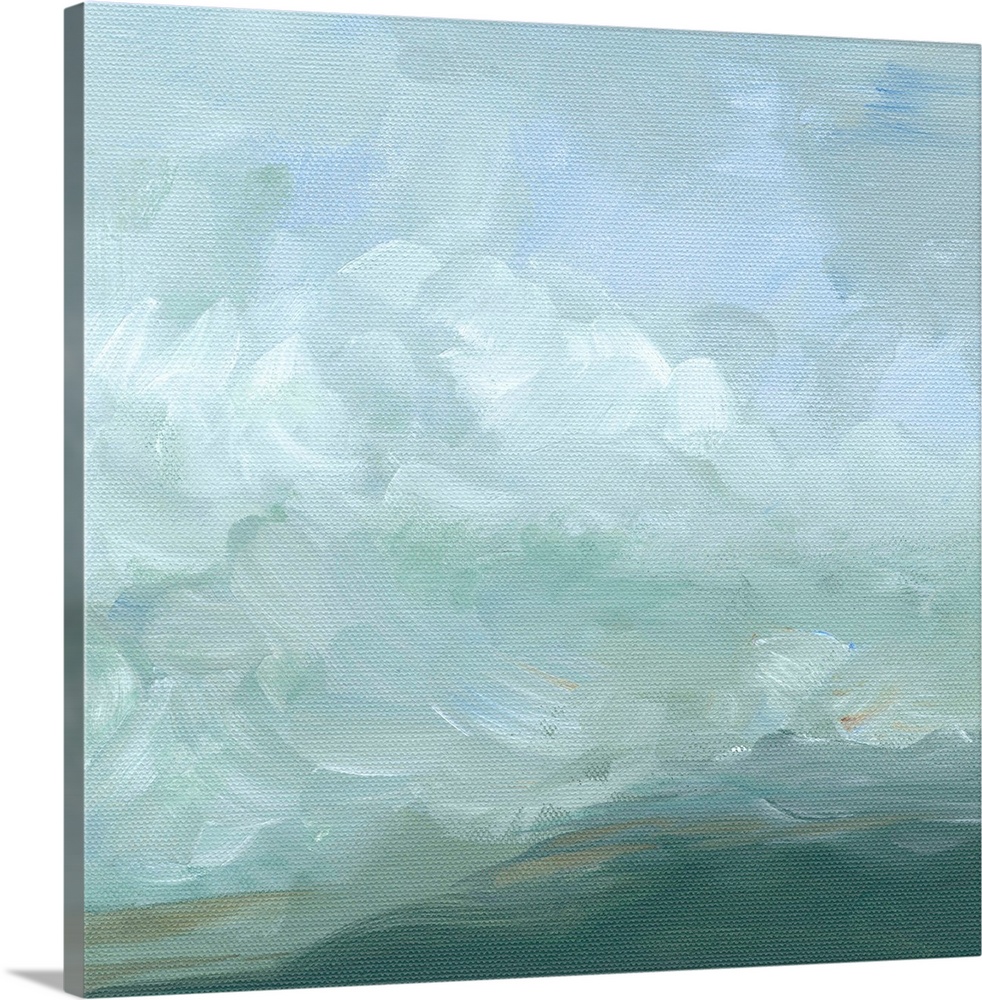 Contemporary abstract painting using swirling gray and pale blue tones resembling clouds.