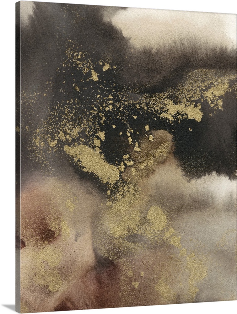 Large abstract painting created with shades of brown and metallic gold accents.